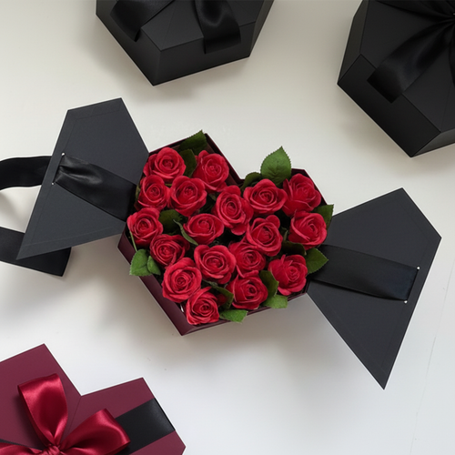 Black Hexagonal Heart Rose Box - Professional Product Photo