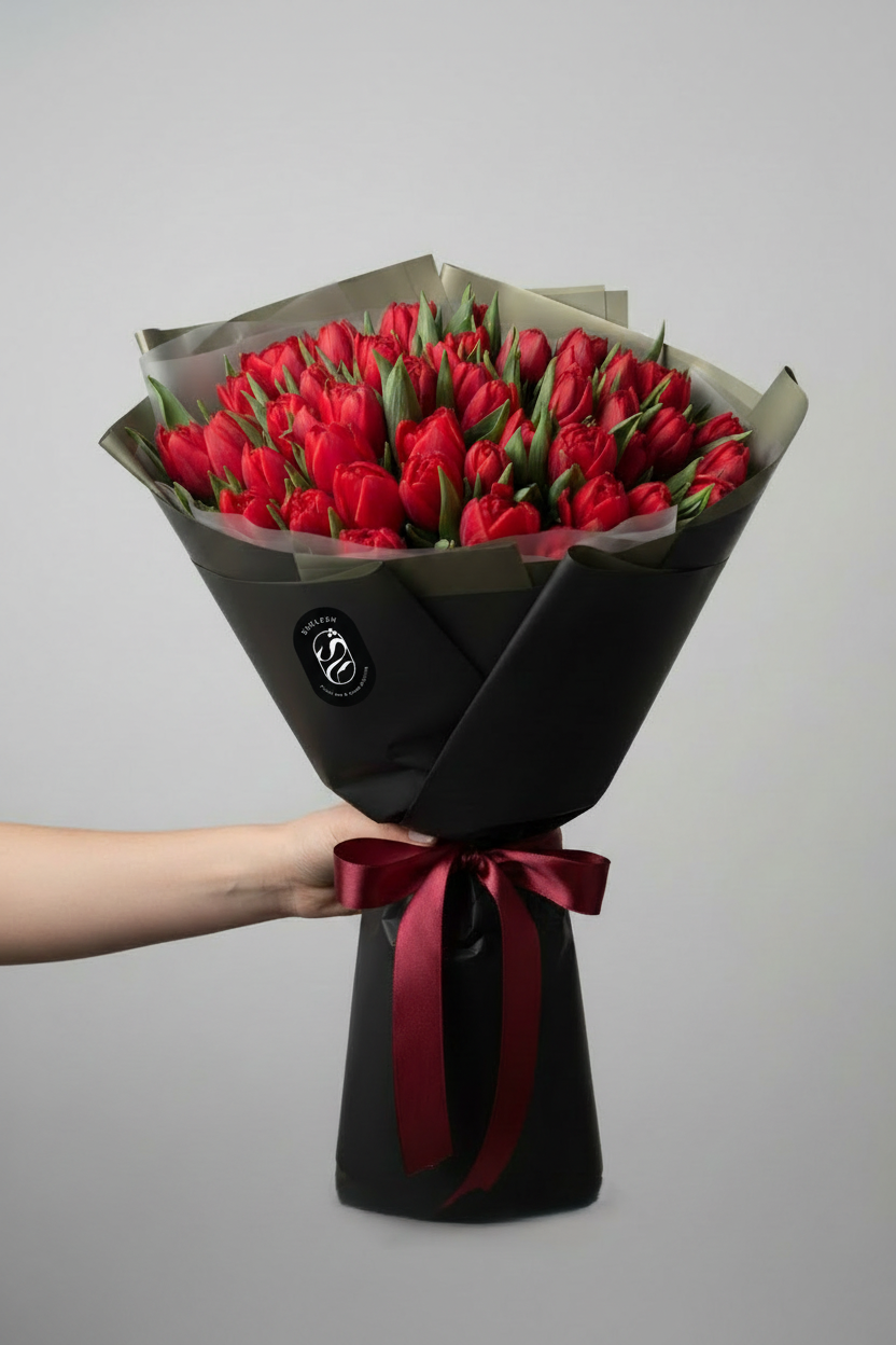 Rouge Passion red tulips bouquet with black wrapping and burgundy ribbon