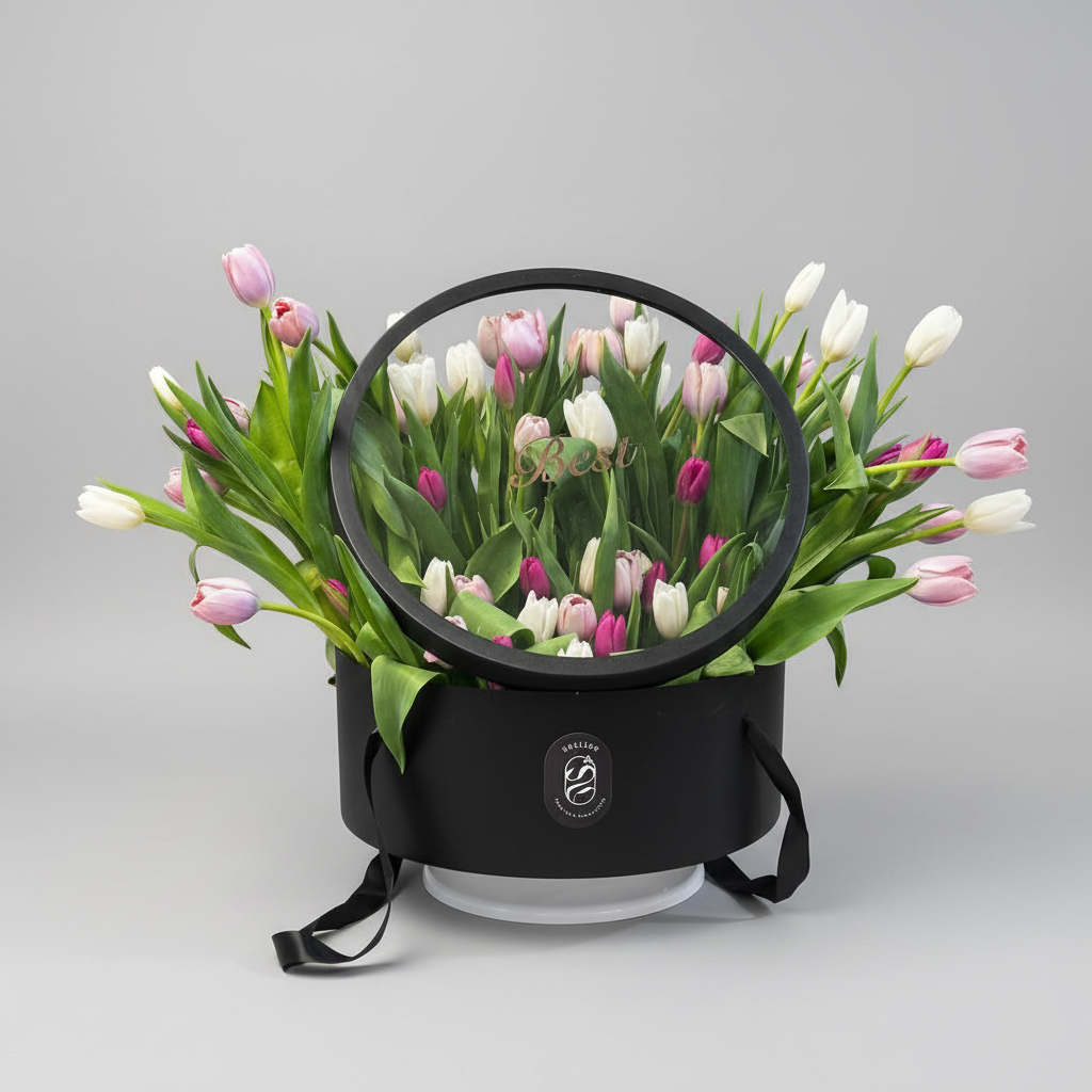 Mixed Tulip Arrangement with Original Lid Position