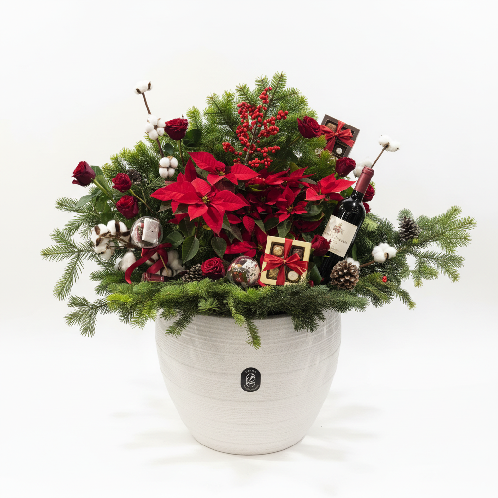 Festive Christmas Floral Arrangement with Wine & Chocolate