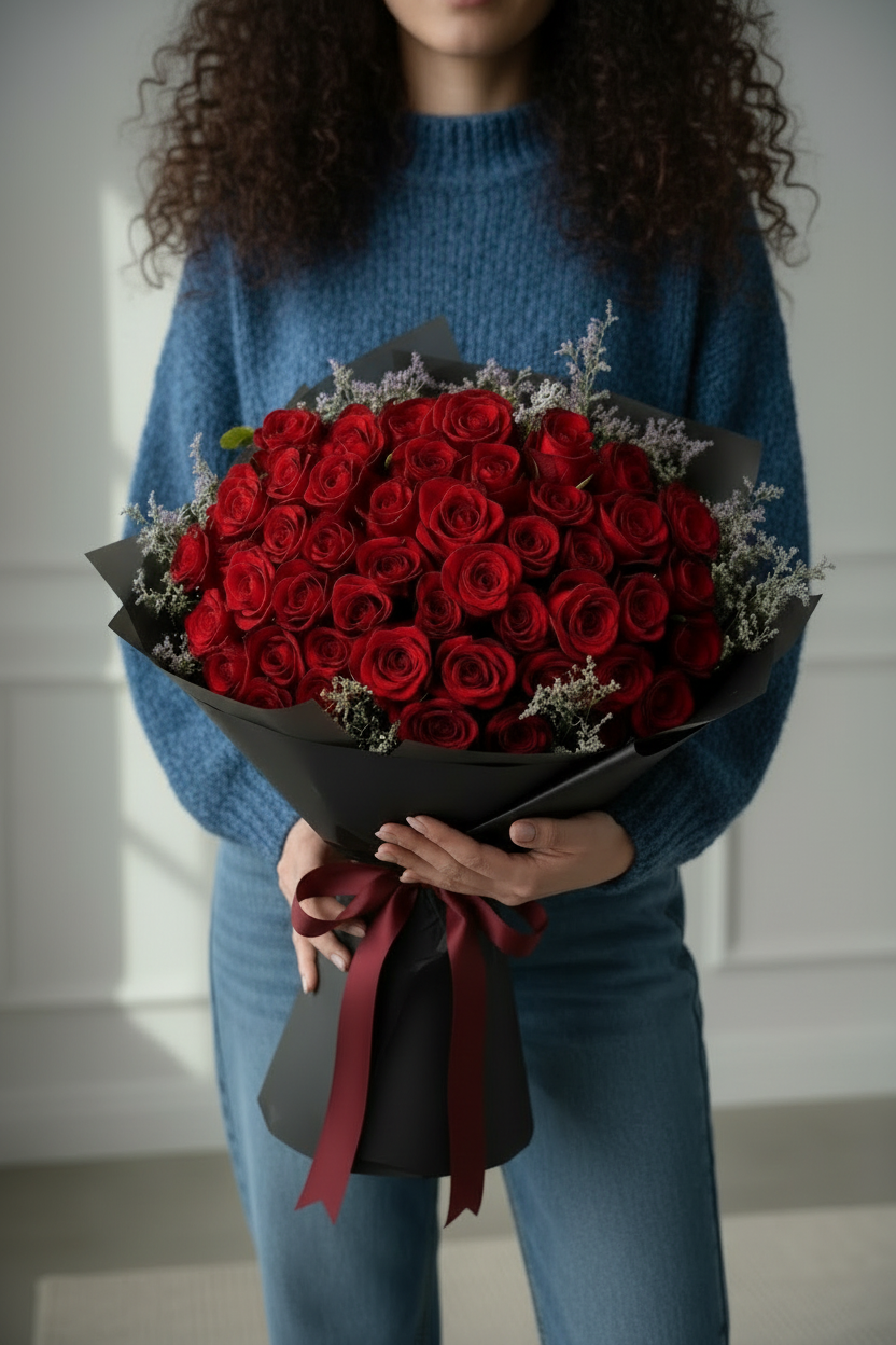 Professional lifestyle photo with blue sweater and curly hair holding red roses
