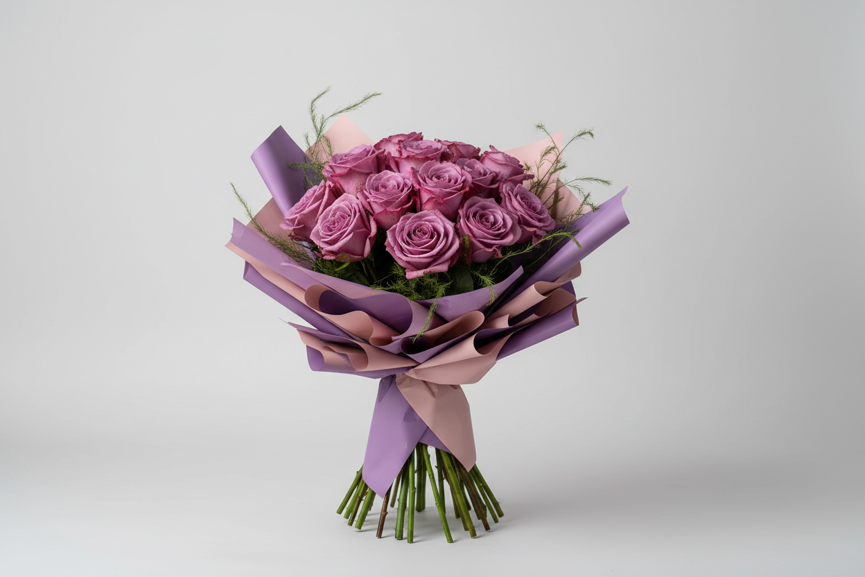 Purple rose wrapped bouquet