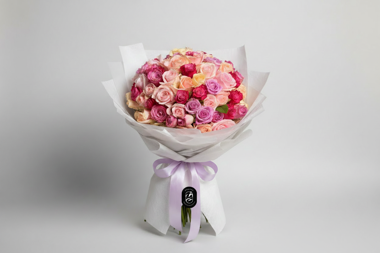Rose bouquet with logo above bow