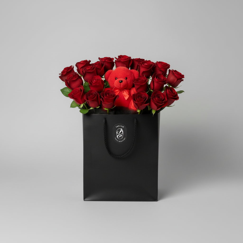 Teddy Bear & Roses Gift - Black Bag