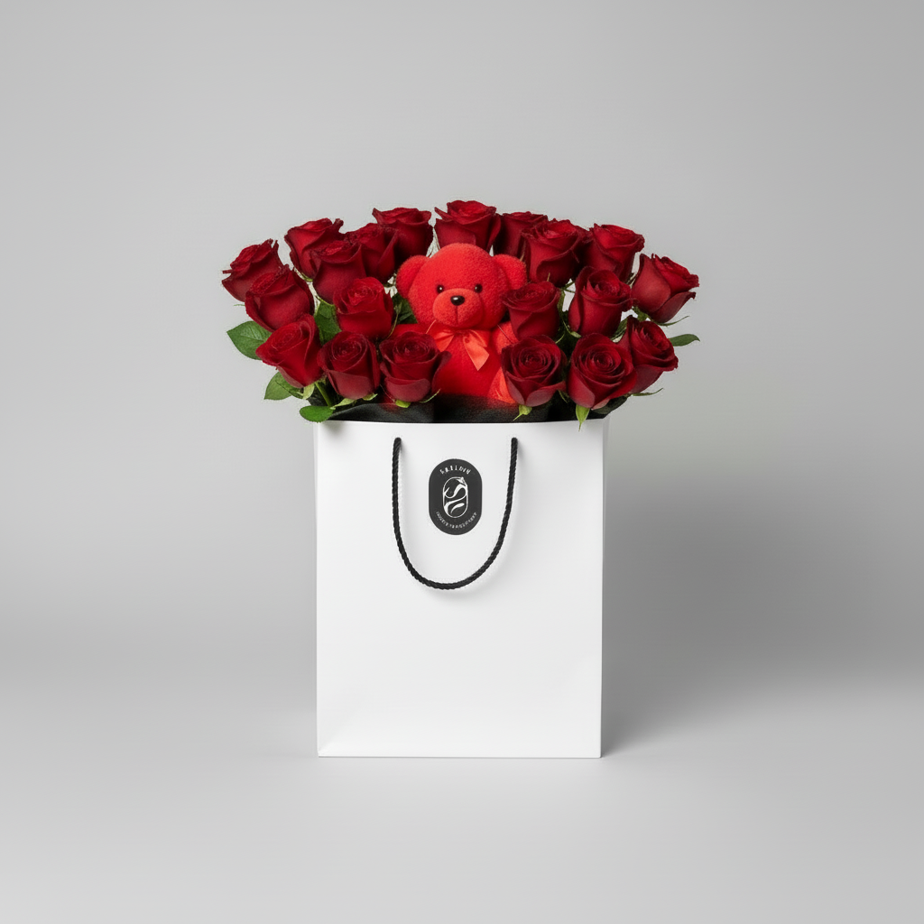 Teddy Bear & Roses Gift - White Bag
