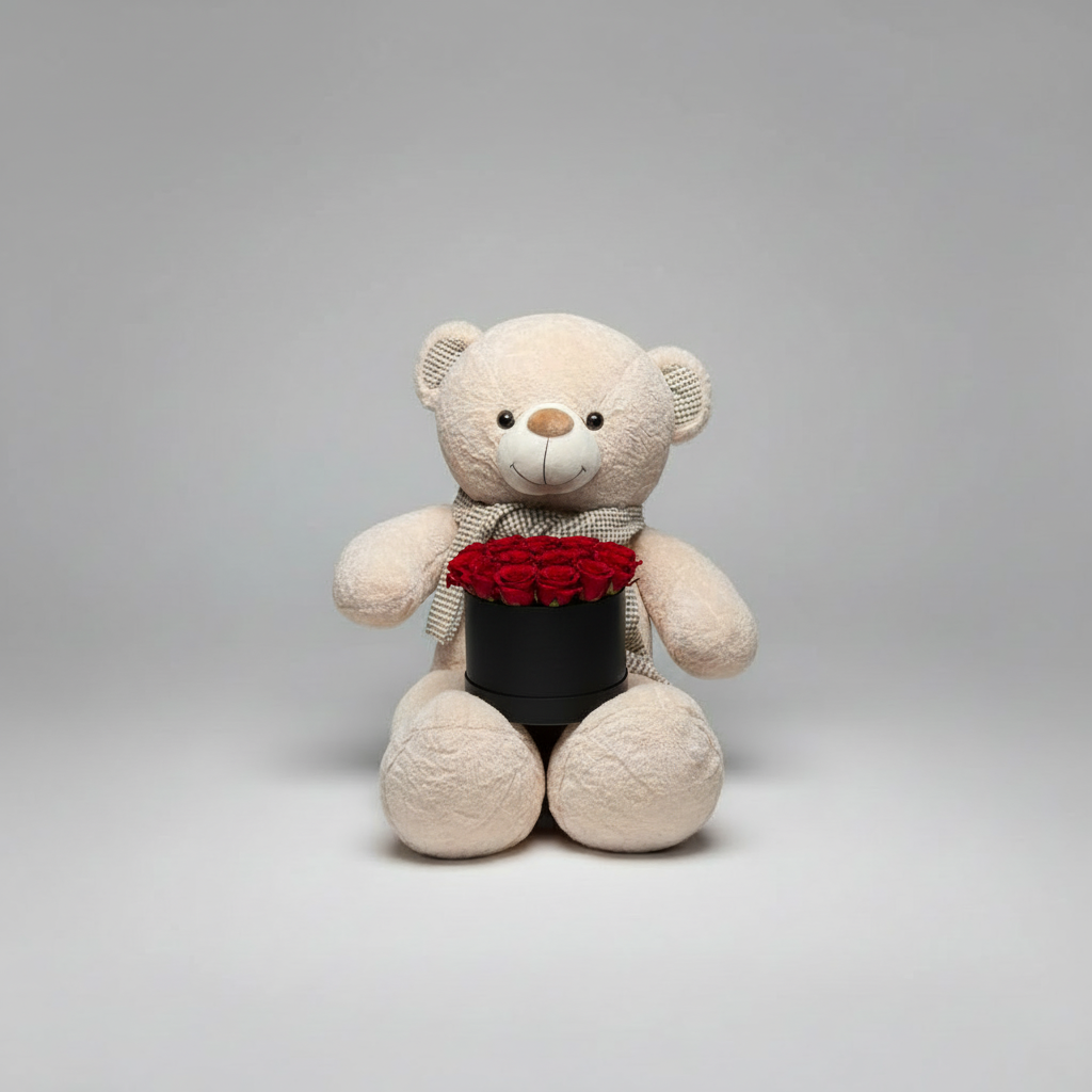 Teddy Bear with Compact Red Roses