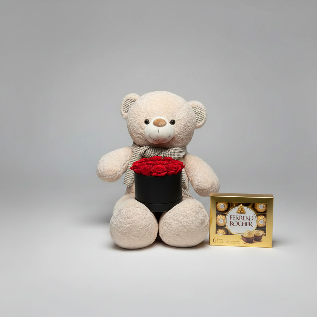Teddy Bear with Roses and Ferrero Rocher