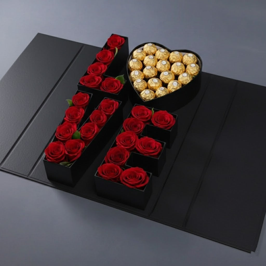 LOVE Box Gift Set with Red Roses & Ferrero Rocher - Valentine's Special