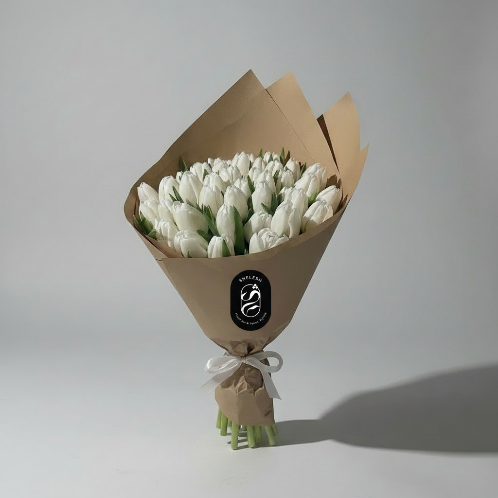 White Tulip Bouquet with Shelesh Logo